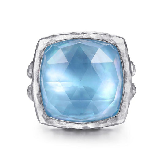 Sterling Silver Cushion Cut Rock Crystal/White Mother of Pearl/Turquoise Ring