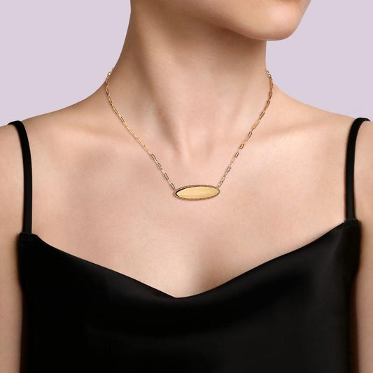 14K Yellow Gold Personalized Elongated Oval Pendant Necklace with Hollow Paperclip Chain