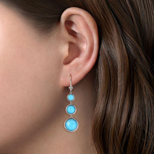 925 Sterling Silver Bezel Set Rock Crystal and Turquoise Graduating Drop Earrings