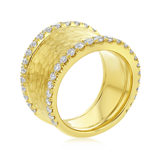 Concave Hammered Gold Ring with Diamond Trim