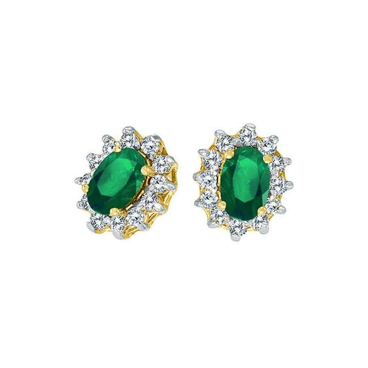 14K Yellow Gold Precious Oval Emerald and Diamond Earrings