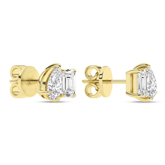 14K Yellow Gold Lab Grown 2ctw Pear and Emerald Toi Et Moi Diamond Studs