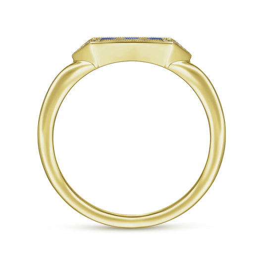 14K Yellow Gold Diamond and Trio Princess Cut Sapphire Ladies Ring
