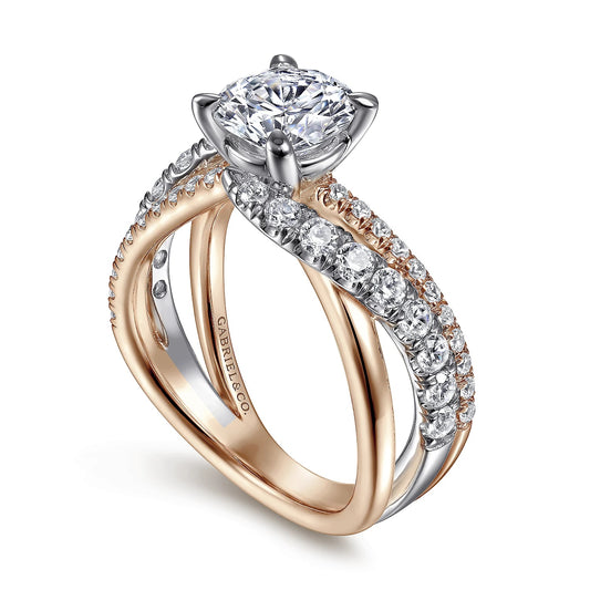 14K White-Rose Gold Round Free Form Diamond Engagement Ring