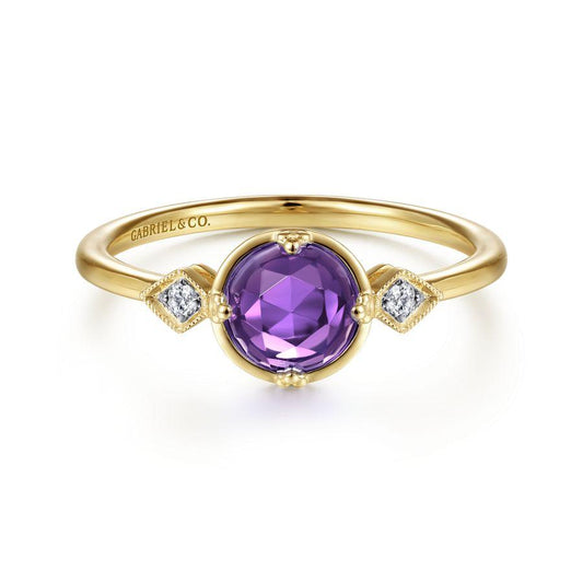 14K Yellow Gold Three Stone Amethyst and Diamond Ring