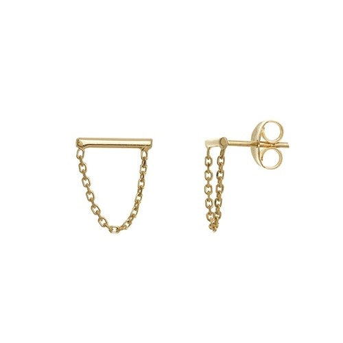14K Yellow Gold Horizontal Bar Earrings with Chain Drape