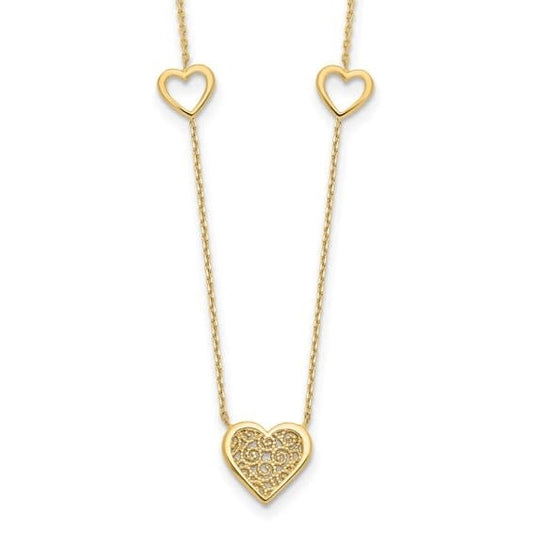 14K Polished and Filigree Heart Stations Necklace