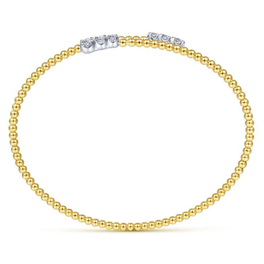 14K Yellow Gold Bead Bypass Bangle with Graduating Diamond Caps