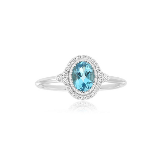 14K White Gold Blue Topaz and Diamond Halo Ring