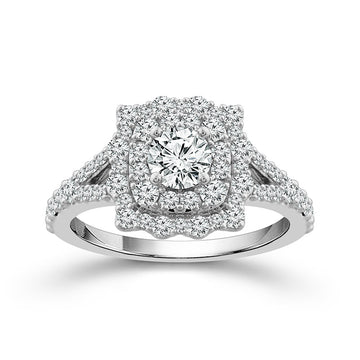 14K White Gold Round Diamond with Cushion Halo Engagement Ring