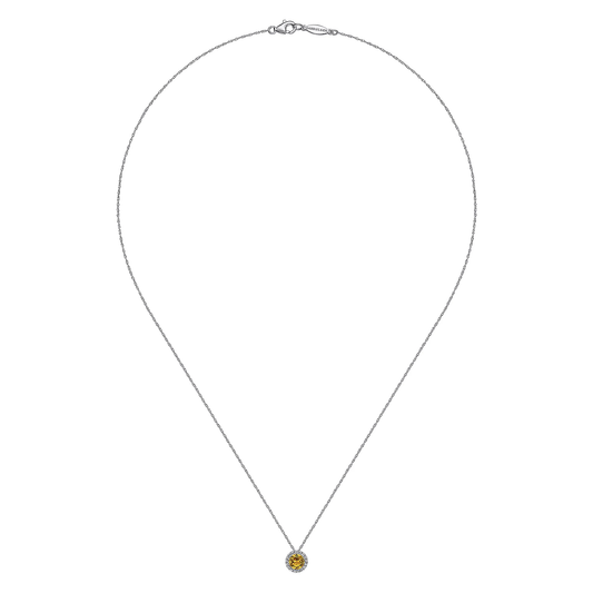 14K White Gold Round Citrine and Diamond Halo Pendant Necklace