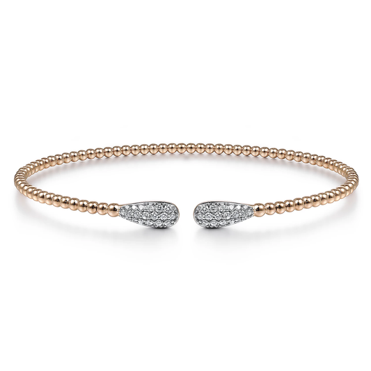 14K Rose Gold Bead Cuff Bracelet with Diamond Pave Teardrops