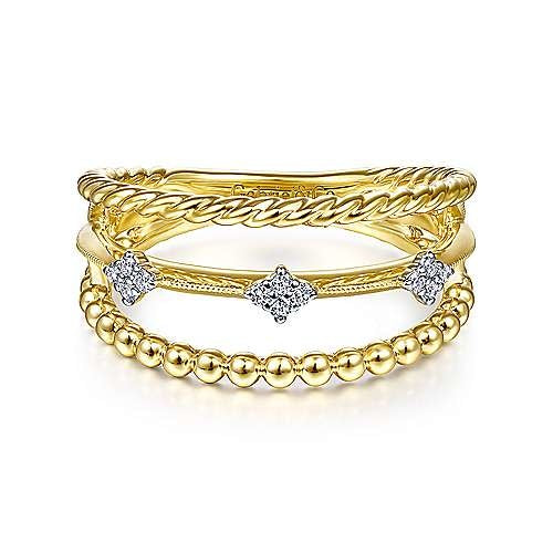 14K Yellow Gold Three Row Diamond Station Open Ring