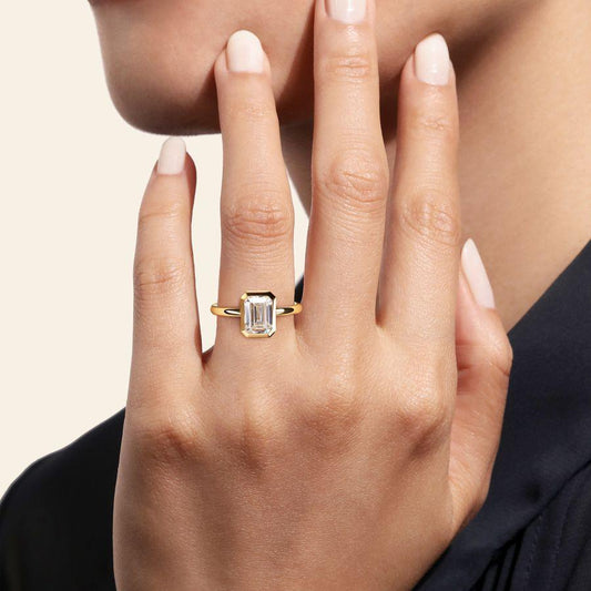 14K Yellow Gold Emerald Cut Bezel Set Diamond Engagement Ring Mounting