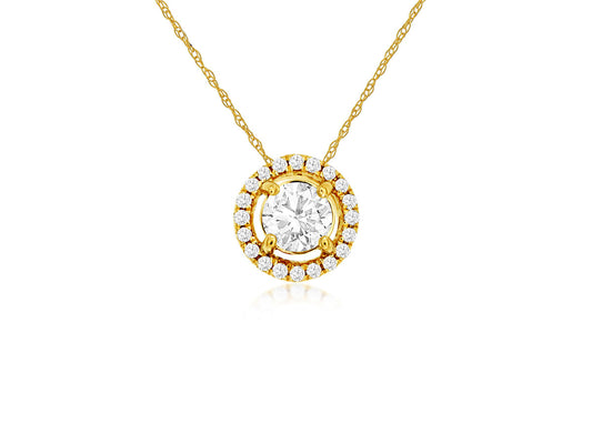 14K Yellow Gold Round Diamond with Pave Halo Necklace