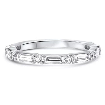 14K White Gold Round and Baguette Diamond Band