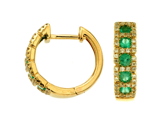 14K Yellow Gold Emerald and Diamond Huggie Earrings