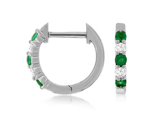 14K White Gold Emerald and Diamond Huggie Earrings