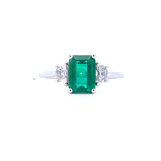 18K White Gold Emerald and Diamond Three Stone Ring