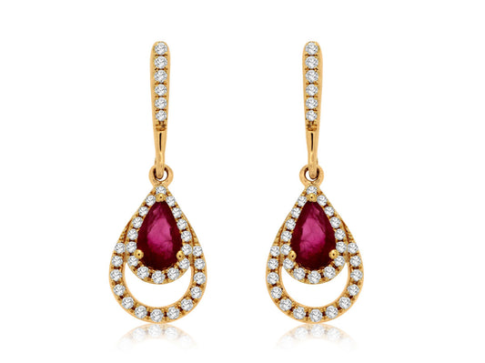 14KT .20CTW(ER)(P)RUBY/PAVE DIAMOND TEARDROP DANGLE EARRINGS(.44CTW PEAR RUB)