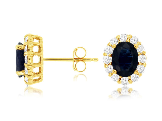 14K Yellow Gold Blue Sapphire Studs with Diamond Halos