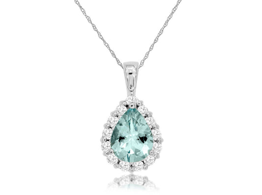 14KT WG .30CTW(P)AQUA/PAVE DIAMOND TEARDROP NECKLACE(P.95CT AQUA)