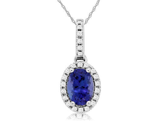 14K White Gold Oval Tanzanite and Diamond Halo Necklace