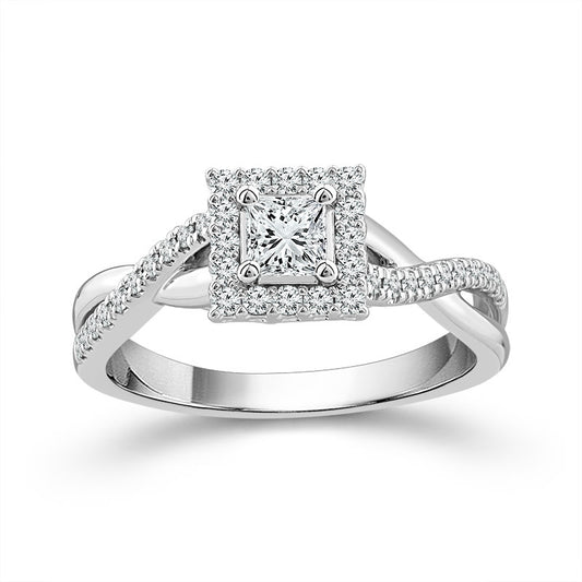 14K White Gold Princess Diamond Halo Engagement Ring