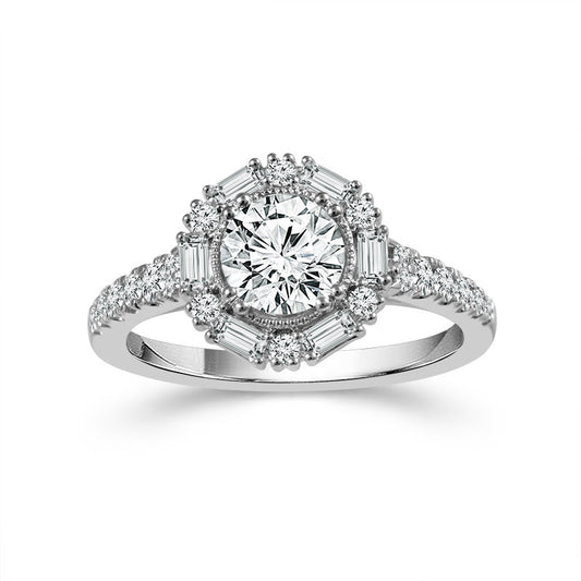 14K White Gold 1.50ctw Round Diamond with Baguette Halo Engagement Ring