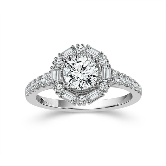 14K White Gold Round Diamond with Baguette Halo Engagement Ring