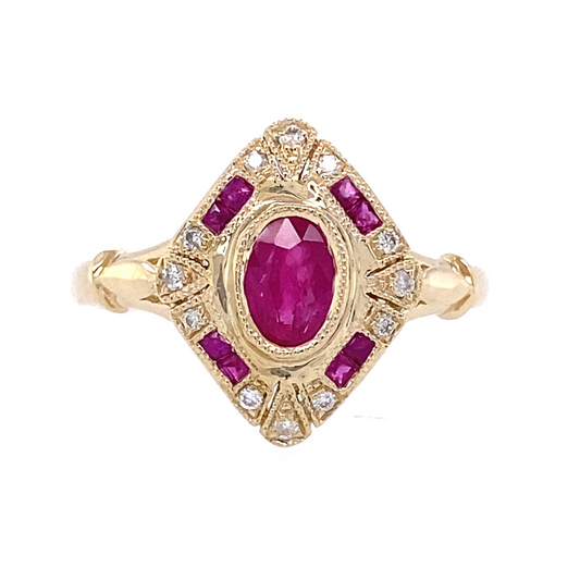 14KT .07CTW(O)RUBY/PAVE DIAMOND "VINTAGE" STYLE RING