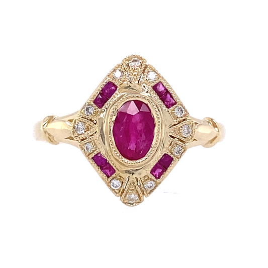 14K Yellow Gold Ruby and Diamond Vintage Inspired Ring