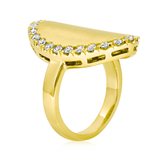 14K Yellow Gold Satin Oval Top Ring with Pave Frame