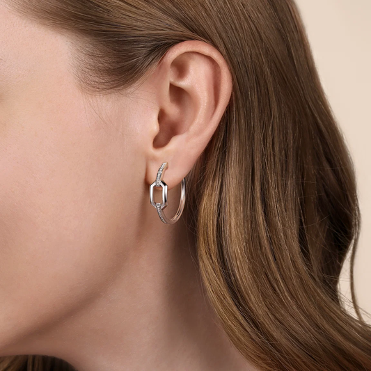 30mm Sterling Silver White Sapphire Link Chain Hoop Earrings