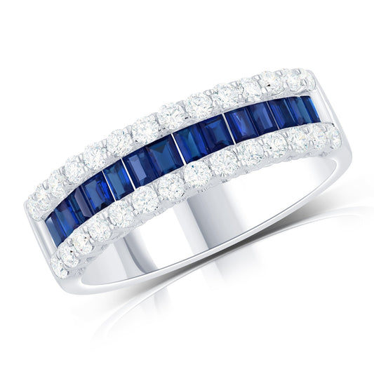 14K White Gold Baguette Sapphire & Round Diamond Band