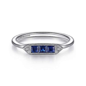 14K White Gold Princess Cut Sapphire Trio and Diamond Ring