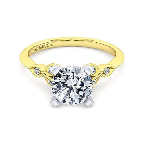Vintage Inspired 14K White-Yellow Gold Split Shank Round Diamond Engagement Ring