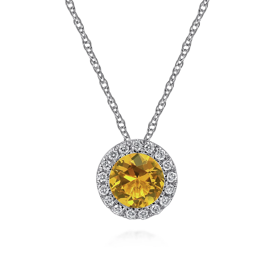 14K White Gold Round Citrine and Diamond Halo Pendant Necklace