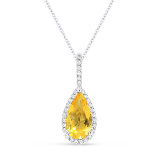 14K White Gold Citrine and Diamond Teardrop Necklace