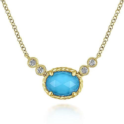 14K Yellow Gold Oval Rock Crystal/Turquoise and Diamond Pendant Necklace