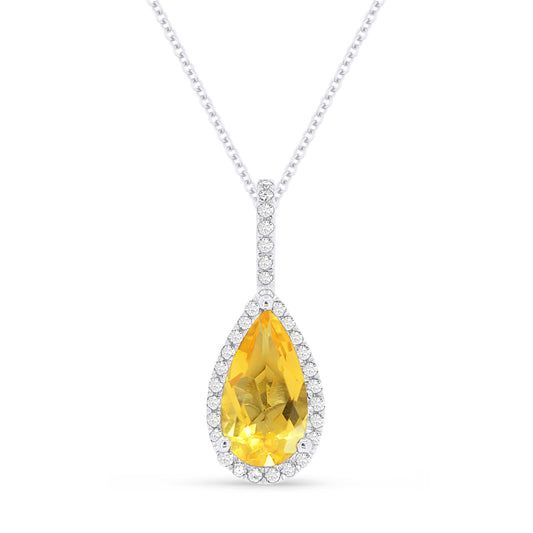 14K White Gold Citrine and Diamond Teardrop Necklace