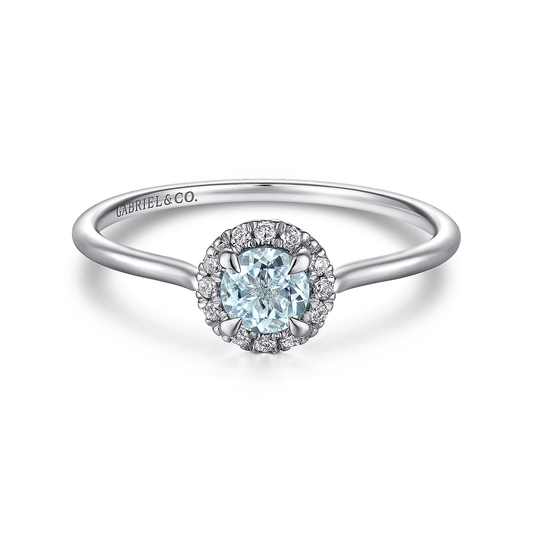 14K White Gold Aquamarine and Diamond Halo Promise Ring