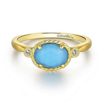 14K Yellow Gold Oval Rock Crystal Turquoise Diamond Ring