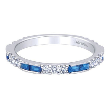 14K White Gold Sapphire Baguette and Diamond Stackable Ring