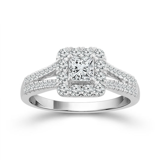 14K White Gold 7/8ctw Princess Diamond Halo Engagement Ring