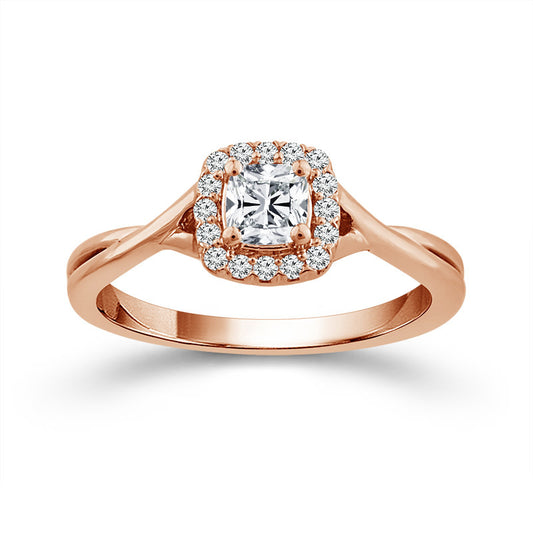 14K Rose Gold Cushion Cut Diamond with Halo and Twisted Shank Engagement Ring