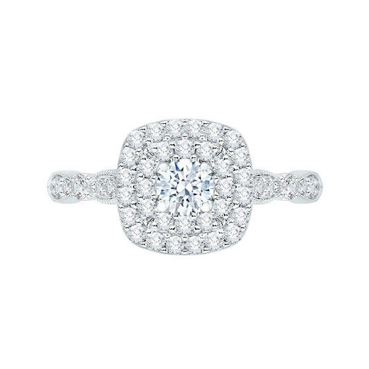 14K White Gold Round Diamond with Double Square Halo Engagement Ring