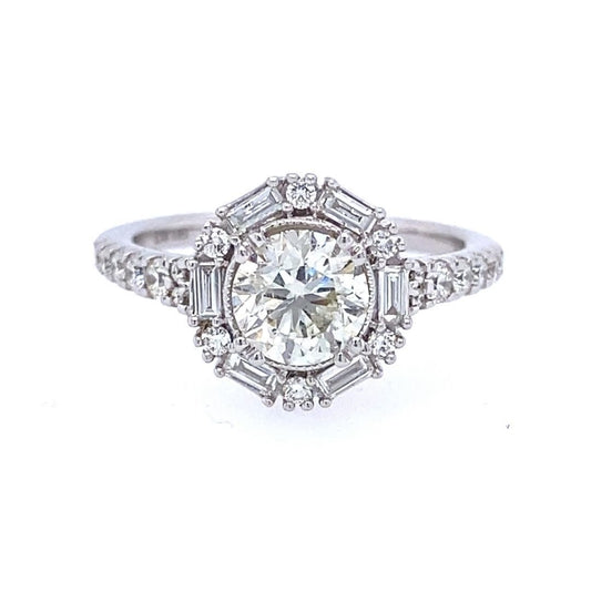 14K White Gold 1.62ctw Natural Round Diamond with Baguette Halo Engagement Ring