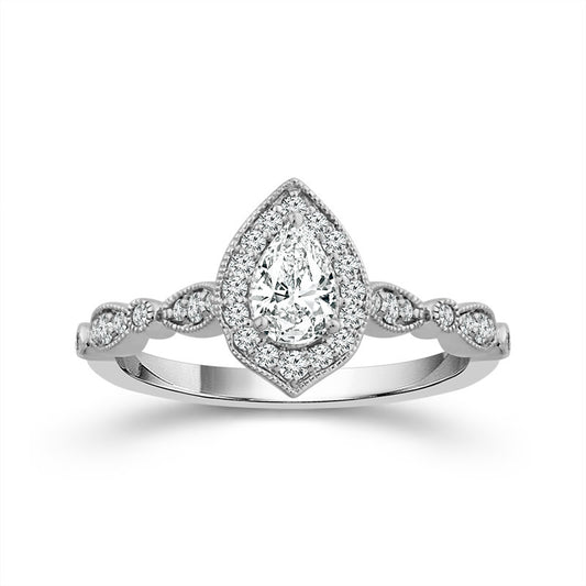 14K White Gold Vintage Style Pear Halo Engagement Ring