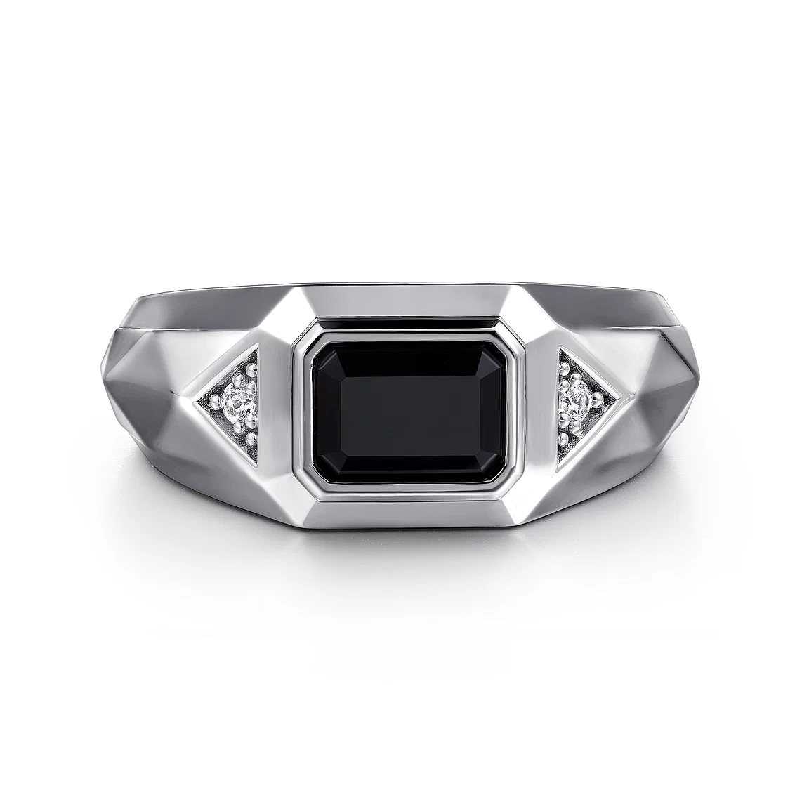 Wide 925 Sterling Silver Faceted Mens Ring with Onyx in High Polished